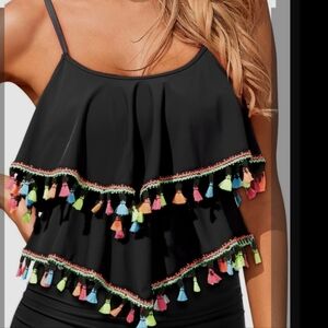 Yonique Black NWT 3-Layer Ruffle Tankini Top Top Only Multicolor Tassel Trim 22W